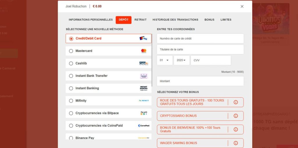 Impressario Casino moyens paiement